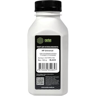  Тонер Cactus CS-THPU-100 черный флакон 100гр для принтера HP Universal Q2612A/Q5949A/CE505A/7115/Q6511/7516/Q4092 