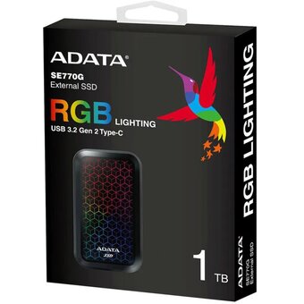  Внешний SSD ADATA SE770G (ASE770G-1TU32G2-CBK) Black1.0Tb (USB3.2 gen 2 type C, 1000/800Mbs, 99x58x18mm,138g, RGB, OTG, PS5/XBOX совместим) 