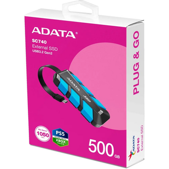  Внешний SSD ADATA SC740 (SC740-500G-CBU)500Gb чёрно-синий (USB3.2 gen 2 type C, 1050/1000Mbs, 122x41x22mm, 40g, защита от падения, встроенный кабель) 