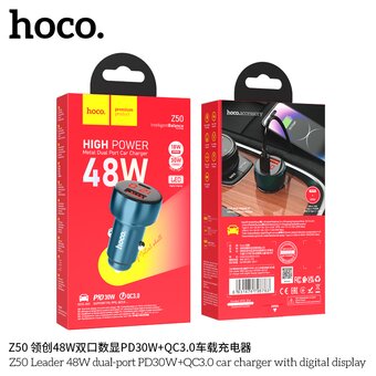  АЗУ HOCO Z50 Leader 48W dual-port PD30W+QC3.0 car charger with digital display sapphire blue 