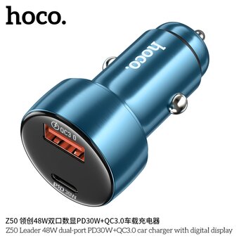  АЗУ HOCO Z50 Leader 48W dual-port PD30W+QC3.0 car charger with digital display sapphire blue 
