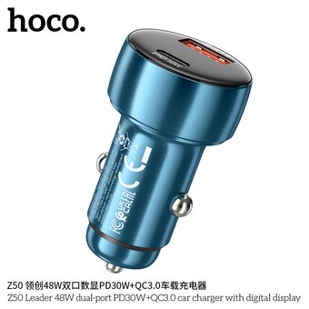  АЗУ HOCO Z50 Leader 48W dual-port PD30W+QC3.0 car charger with digital display sapphire blue 