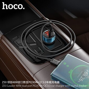  АЗУ HOCO Z50 Leader 48W dual-port PD30W+QC3.0 car charger with digital display sapphire blue 
