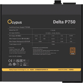  Блок питания Ocypus Delta P750 (Delta-P750-B1FDBK024X-EU) 750W (ATX, 80+ Bronze, APFC, 20+4 pin, 120mm fan, PCI-E 6+2Px3, 8xSATA) 