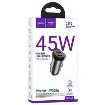  HOCO NZ16/ Авто  зарядное  устройство/ PD/ 2 USB: Type-C + Type-C/ Выход: 25W + 20W/ металлик 