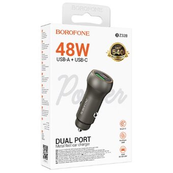  Автомобильное ЗУ BOROFONE BZ32/ / PD + QC 3.0/ 2 USB: Type-C + Type-A/ Выход: 30W + 18W/ черный 