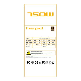  Блок питания HSPD HSI-750BS-WH 750W 80+ Bronze (ATX, 2.31, Semi-modular, 1x24(20+4)pin 550mm, 1xCPU*2 8(4+4)pin 600+150mm, 1xPCIe*2 