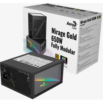  Блок питания AEROCOOL Mirage Gold 650W Fully Modular (4711099472581), ATX12V Ver. 2.52 80+Gold, APFC, 120mm fan, ARGB, 24pin, 2x(4+4)pin, 2xPCI-E) 