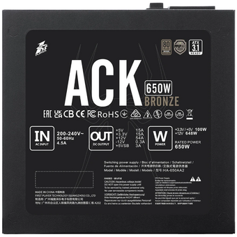  Блок питания 1STPLAYER Ack Bronze 650W Black (HA-650AA2) / ATX 3.1, APFC, 80 PLUS Bronze, Double Forward, 140mm fan, non-modular / HA-650AA2 