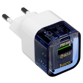  СЗУ HOCO C131A Platinum dual-port PD30W+QC3.0 transparent голубой 