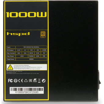  Блок питания HSPD HSK-1000GF-BK 1000W 80+ Gold (ATX, 2.52, Full modular, 1x24(20+4)pin mesh 550mm, 1xCPU*2 8(4+4)pin 650+150mm, 2xPCIe*2 8(6+2)pin 