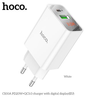  СЗУ Hoco C100A PD20W+QC3.0 charger with digital display, white 