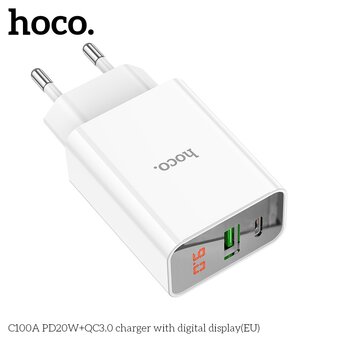  СЗУ Hoco C100A PD20W+QC3.0 charger with digital display, white 