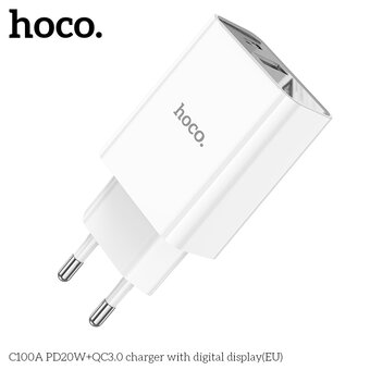  СЗУ Hoco C100A PD20W+QC3.0 charger with digital display, white 