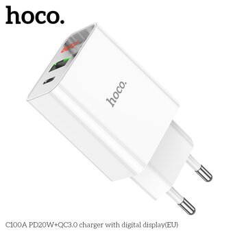  СЗУ Hoco C100A PD20W+QC3.0 charger with digital display, white 