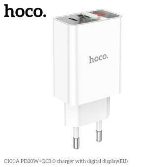  СЗУ Hoco C100A PD20W+QC3.0 charger with digital display, white 