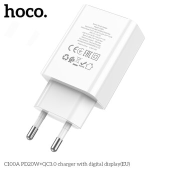  СЗУ Hoco C100A PD20W+QC3.0 charger with digital display, white 