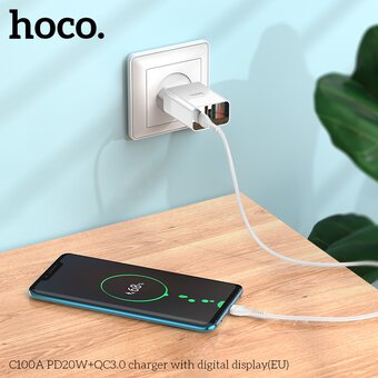  СЗУ Hoco C100A PD20W+QC3.0 charger with digital display, white 