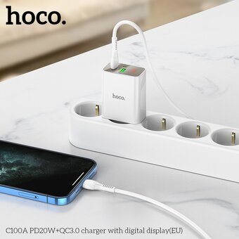  СЗУ Hoco C100A PD20W+QC3.0 charger with digital display, white 