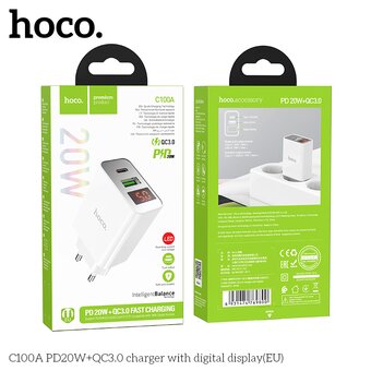  СЗУ Hoco C100A PD20W+QC3.0 charger with digital display, white 