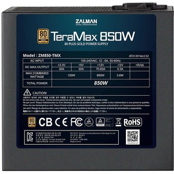  Блок питания Zalman ZM850-TMX, 850W, ATX12V v2.52, APFC, 12cm Fan, 80+ Gold, Full Modular, Retail 
