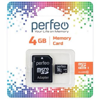  Карта памяти Perfeo microSDHC 4GB Class10 + adapter (PF4GMCSH10A) 