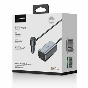  АЗУ UGREEN EC706 (35571) 150W 4-Port GaN with Extended USB-A+2*USB-C Fast Car Charger Gray 