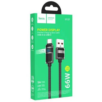  Кабель HOCO U137/ PD  с дисплеем USB-A - Type-C/ 1.2m/ 5A/66W/ Нейлон/ Черный 