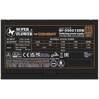  Блок питания Super Flower Combat DB (SF-550C12DB) 550Вт, ATX, 120mm, 4xSATA, 2xPCI-E(6+2), APFC, 80+ Bronze, non-Modular 